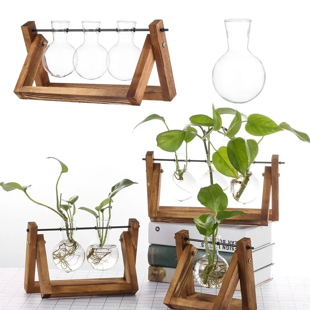 Decoration Terrarium Tabletop Planter Flower Pot Wooden Frame Hydroponic Plant Vases Glass Vase
