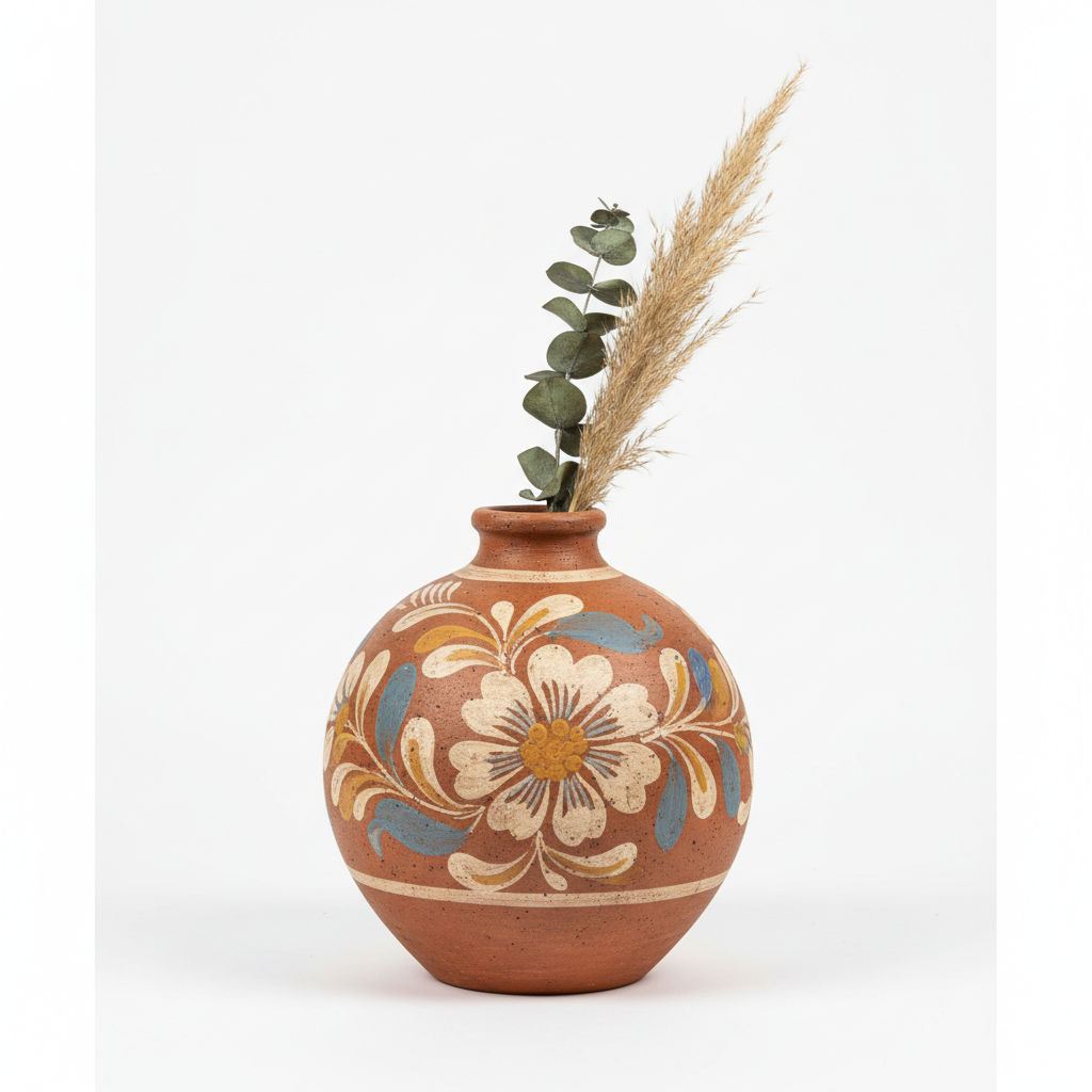 Rustic Terracotta Vase - round bulbous shape with hand-painted floral pattern